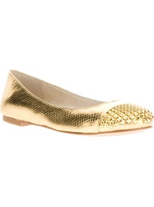 Studded Metallic Ballet Flat - predominant colour: gold; occasions: casual, evening, holiday; material: leather; heel height: flat; embellishment: studs; toe: round toe; style: ballerinas / pumps; trends: metallics; finish: metallic; pattern: plain