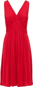 Emma Dress - style: shift; neckline: low v-neck; fit: empire; pattern: plain; sleeve style: sleeveless; waist detail: twist front waist detail/nipped in at waist on one side/soft pleats/draping/ruching/gathering waist detail; bust detail: ruching/gathering/draping/layers/pintuck pleats at bust; predominant colour: true red; occasions: evening, occasion; length: just above the knee; fibres: viscose/rayon - 100%; hip detail: soft pleats at hip/draping at hip/flared at hip; back detail: keyhole/peephole detail at back; sleeve length: sleeveless; pattern type: fabric; texture group: jersey - stretchy/drapey