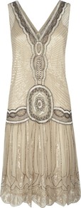 Sequin Flapper Dress, Oyster - style: shift; neckline: low v-neck; sleeve style: sleeveless; predominant colour: ivory; secondary colour: taupe; occasions: evening, occasion; length: just above the knee; fit: body skimming; fibres: nylon - 100%; shoulder detail: added shoulder detail; sleeve length: sleeveless; texture group: sheer fabrics/chiffon/organza etc.; pattern type: fabric; pattern size: standard; pattern: patterned/print; embellishment: sequins