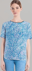 Top Excellent - neckline: round neck; predominant colour: royal blue; secondary colour: pale blue; occasions: casual, evening, work, holiday; length: standard; style: top; fibres: silk - 100%; fit: straight cut; sleeve length: short sleeve; sleeve style: standard; texture group: silky - light; trends: statement prints; pattern type: fabric; pattern size: small & busy; pattern: patterned/print