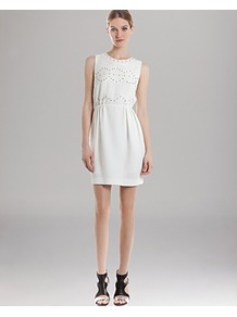 Dress Radicale - style: shift; fit: fitted at waist; pattern: plain; sleeve style: sleeveless; bust detail: added detail/embellishment at bust; waist detail: twist front waist detail/nipped in at waist on one side/soft pleats/draping/ruching/gathering waist detail; predominant colour: white; occasions: casual, evening, occasion; length: just above the knee; fibres: polyester/polyamide - stretch; neckline: crew; sleeve length: sleeveless; pattern type: fabric; texture group: brocade/jacquard; embellishment: studs