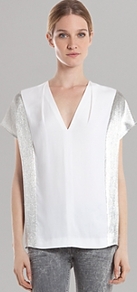 Top Éclair - neckline: v-neck; sleeve style: capped; pattern: plain; predominant colour: white; secondary colour: silver; occasions: casual, evening; length: standard; style: top; fibres: silk - 100%; fit: straight cut; sleeve length: short sleeve; trends: metallics; pattern type: fabric; texture group: other - light to midweight