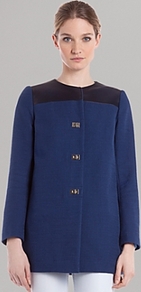 Jacket Mystere - pattern: plain; collar: round collar/collarless; length: below the bottom; style: boxy; predominant colour: navy; secondary colour: black; occasions: casual, evening, work; fit: straight cut (boxy); fibres: cotton - mix; sleeve length: long sleeve; sleeve style: standard; texture group: cotton feel fabrics; collar break: high; pattern type: fabric; pattern size: small & light