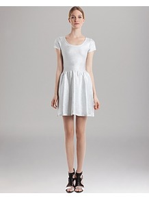 Dress Ruflux - length: mid thigh; pattern: plain; waist detail: twist front waist detail/nipped in at waist on one side/soft pleats/draping/ruching/gathering waist detail; predominant colour: silver; occasions: evening, holiday; fit: fitted at waist & bust; style: fit & flare; neckline: scoop; hip detail: soft pleats at hip/draping at hip/flared at hip; sleeve length: short sleeve; sleeve style: standard; trends: metallics; pattern type: fabric; texture group: jersey - stretchy/drapey; fibres: nylon - stretch