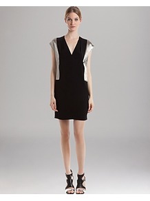 Dress Romance - style: shift; length: mid thigh; neckline: low v-neck; sleeve style: capped; pattern: plain; secondary colour: silver; predominant colour: black; occasions: evening, occasion; fit: straight cut; sleeve length: sleeveless; texture group: silky - light; pattern type: fabric; fibres: viscose/rayon - mix
