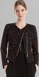 Jacket Vertige Short - style: biker; collar: asymmetric biker; secondary colour: pink; predominant colour: black; occasions: casual, evening; length: standard; fit: tailored/fitted; fibres: viscose/rayon - stretch; sleeve length: long sleeve; sleeve style: standard; collar break: high/illusion of break when open; pattern type: fabric; pattern size: small & light; pattern: patterned/print; texture group: woven light midweight