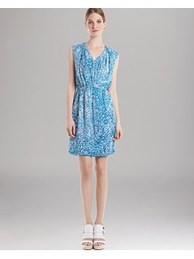 Dress Rebelle - length: mid thigh; neckline: v-neck; sleeve style: capped; fit: fitted at waist; style: blouson; bust detail: buttons at bust (in middle at breastbone)/zip detail at bust; secondary colour: white; predominant colour: diva blue; occasions: evening; fibres: silk - 100%; hip detail: soft pleats at hip/draping at hip/flared at hip; sleeve length: sleeveless; texture group: sheer fabrics/chiffon/organza etc.; pattern type: fabric; pattern size: small & busy; pattern: animal print
