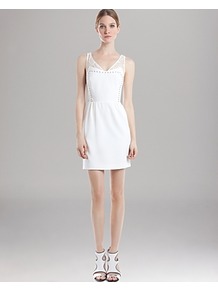 Dress Rania - style: shift; length: mid thigh; neckline: low v-neck; pattern: plain; sleeve style: sleeveless; bust detail: added detail/embellishment at bust; waist detail: fitted waist; back detail: low cut/open back; predominant colour: white; occasions: evening, occasion, holiday; fit: fitted at waist & bust; fibres: polyester/polyamide - stretch; sleeve length: sleeveless; pattern type: fabric; texture group: jersey - stretchy/drapey; embellishment: studs