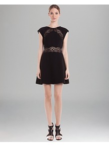 Lace Inset Dress Requiem - length: mid thigh; sleeve style: capped; pattern: plain; waist detail: embellishment at waist/feature waistband; predominant colour: black; occasions: evening; fit: fitted at waist & bust; style: fit & flare; fibres: polyester/polyamide - 100%; neckline: crew; hip detail: structured pleats at hip; bust detail: contrast pattern/fabric/detail at bust; sleeve length: sleeveless; texture group: crepes; pattern type: fabric; embellishment: lace