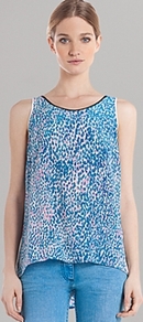 Top Envie - neckline: round neck; sleeve style: sleeveless; style: vest top; back detail: low cut/open back; predominant colour: pale blue; occasions: casual; length: standard; fibres: silk - 100%; fit: body skimming; texture group: silky - light; trends: statement prints; pattern type: fabric; pattern size: small & busy; pattern: patterned/print