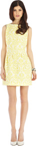 Matilda Dress - style: shift; length: mini; neckline: slash/boat neckline; fit: tailored/fitted; sleeve style: sleeveless; waist detail: fitted waist; secondary colour: white; predominant colour: primrose yellow; occasions: evening, occasion; fibres: polyester/polyamide - 100%; hip detail: sculpting darts/pleats/seams at hip; sleeve length: sleeveless; texture group: ornate wovens; pattern type: fabric; pattern size: standard; pattern: patterned/print