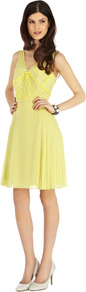 La Mamounia Dress - neckline: low v-neck; pattern: plain; sleeve style: sleeveless; bust detail: added detail/embellishment at bust; back detail: low cut/open back; predominant colour: primrose yellow; occasions: evening, occasion; length: just above the knee; fit: fitted at waist & bust; style: fit & flare; fibres: polyester/polyamide - 100%; hip detail: soft pleats at hip/draping at hip/flared at hip; sleeve length: sleeveless; texture group: sheer fabrics/chiffon/organza etc.; pattern type: fabric; embellishment: beading