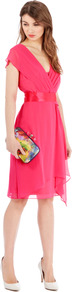 Lena Dress - style: faux wrap/wrap; neckline: low v-neck; sleeve style: angel/waterfall; fit: fitted at waist; pattern: plain; waist detail: wide waistband/cummerbund; predominant colour: pink; occasions: evening, occasion; length: on the knee; fibres: polyester/polyamide - 100%; sleeve length: short sleeve; texture group: sheer fabrics/chiffon/organza etc.; trends: fluorescent; bust detail: tiers/frills/bulky drapes/pleats; hip detail: ruffles/tiers/tie detail at hip; pattern type: fabric
