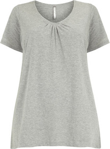 Grey V Neck T Shirt - neckline: v-neck; pattern: plain; style: t-shirt; bust detail: ruching/gathering/draping/layers/pintuck pleats at bust; predominant colour: light grey; occasions: casual, holiday; length: standard; fibres: cotton - mix; fit: loose; sleeve length: short sleeve; sleeve style: standard; pattern type: fabric; texture group: jersey - stretchy/drapey