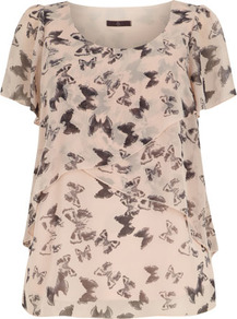 Pink Butterfly Tier Top - neckline: round neck; waist detail: twist front waist detail/nipped in at waist on one side/soft pleats/draping/ruching/gathering waist detail; bust detail: ruching/gathering/draping/layers/pintuck pleats at bust; predominant colour: blush; secondary colour: charcoal; occasions: casual, evening, work, holiday; length: standard; style: top; fibres: polyester/polyamide - 100%; fit: straight cut; shoulder detail: flat/draping pleats/ruching/gathering at shoulder; sleeve length: short sleeve; sleeve style: standard; texture group: sheer fabrics/chiffon/organza etc.; trends: modern geometrics; hip detail: ruffles/tiers/tie detail at hip; pattern type: fabric; pattern size: standard; pattern: patterned/print