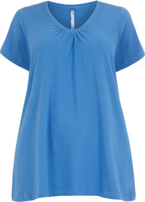Blue V Neck T Shirt - neckline: v-neck; pattern: plain; length: below the bottom; style: t-shirt; waist detail: twist front waist detail/nipped in at waist on one side/soft pleats/draping/ruching/gathering waist detail; bust detail: ruching/gathering/draping/layers/pintuck pleats at bust; predominant colour: denim; occasions: casual, work, holiday; fibres: cotton - 100%; fit: loose; hip detail: soft pleats at hip/draping at hip/flared at hip; sleeve length: short sleeve; sleeve style: standard; pattern type: fabric; texture group: jersey - stretchy/drapey