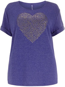 Purple Heart Stud Sweat Top - neckline: round neck; bust detail: added detail/embellishment at bust; style: t-shirt; predominant colour: purple; secondary colour: silver; occasions: casual, evening, work, holiday; length: standard; fibres: cotton - mix; fit: body skimming; sleeve length: short sleeve; sleeve style: standard; trends: statement prints; pattern type: fabric; pattern size: light/subtle; pattern: patterned/print; texture group: jersey - stretchy/drapey; embellishment: studs