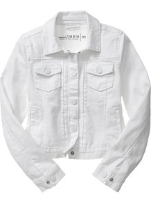 White Denim Jacket - pattern: plain; style: denim; fit: slim fit; predominant colour: white; occasions: casual; length: standard; fibres: cotton - stretch; collar: shirt collar/peter pan/zip with opening; sleeve length: long sleeve; sleeve style: standard; texture group: denim; collar break: high; pattern type: fabric