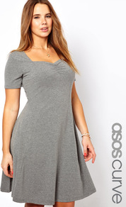 Curve Exclusive Skater Dress With Sweetheart Neckline And Short Sleeve - pattern: plain; neckline: sweetheart; bust detail: ruching/gathering/draping/layers/pintuck pleats at bust; predominant colour: mid grey; occasions: casual; length: just above the knee; fit: fitted at waist & bust; style: fit & flare; fibres: cotton - stretch; sleeve length: short sleeve; sleeve style: standard; pattern type: fabric; texture group: jersey - stretchy/drapey
