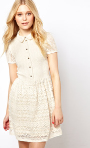 Lace Placket Dress - length: mid thigh; neckline: shirt collar/peter pan/zip with opening; bust detail: buttons at bust (in middle at breastbone)/zip detail at bust; predominant colour: ivory; occasions: casual; fit: fitted at waist & bust; style: fit & flare; fibres: cotton - mix; sleeve length: short sleeve; sleeve style: standard; texture group: lace; pattern type: fabric