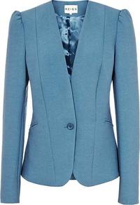 Lolli Plain Collarless Puff Shoulder Jacket - pattern: plain; style: single breasted blazer; collar: standard lapel/rever collar; predominant colour: diva blue; occasions: casual, evening, work, occasion; length: standard; fit: tailored/fitted; fibres: polyester/polyamide - mix; sleeve length: long sleeve; sleeve style: standard; collar break: medium; pattern type: fabric; texture group: other - light to midweight