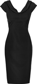 Bridge Fitted V Neck Dress - style: shift; neckline: cowl/draped neck; sleeve style: capped; fit: tailored/fitted; pattern: plain; waist detail: fitted waist; back detail: low cut/open back; predominant colour: black; occasions: evening, work, occasion; length: on the knee; fibres: viscose/rayon - stretch; sleeve length: short sleeve; trends: glamorous day shifts; pattern type: fabric; texture group: jersey - stretchy/drapey