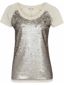 Dallas Sequin Front Jersey - neckline: round neck; bust detail: added detail/embellishment at bust; style: t-shirt; shoulder detail: contrast pattern/fabric at shoulder; predominant colour: taupe; secondary colour: stone; occasions: evening, holiday; length: standard; fibres: cotton - mix; fit: body skimming; sleeve length: short sleeve; sleeve style: standard; pattern type: fabric; pattern: colourblock; texture group: jersey - stretchy/drapey; embellishment: sequins