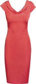 Bridge Fitted V Neck Dress - style: shift; neckline: cowl/draped neck; sleeve style: capped; fit: tailored/fitted; pattern: plain; predominant colour: coral; occasions: evening; length: just above the knee; fibres: viscose/rayon - stretch; sleeve length: sleeveless; texture group: structured shiny - satin/tafetta/silk etc.; pattern type: fabric