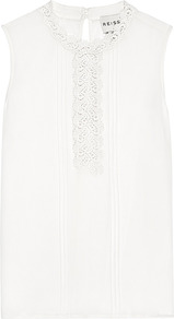 Peridote Silk Front Mesh Back Top - pattern: plain; sleeve style: sleeveless; neckline: high neck; bust detail: added detail/embellishment at bust; predominant colour: ivory; occasions: casual, occasion, holiday; length: standard; style: top; fibres: silk - 100%; fit: body skimming; back detail: keyhole/peephole detail at back; sleeve length: sleeveless; texture group: silky - light; pattern type: fabric; embellishment: embroidered