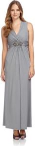 Jewel Detail Maxi Dress - neckline: low v-neck; fit: empire; pattern: plain; sleeve style: sleeveless; style: maxi dress; waist detail: embellishment at waist/feature waistband; bust detail: ruching/gathering/draping/layers/pintuck pleats at bust; predominant colour: mid grey; occasions: evening, occasion; length: floor length; fibres: polyester/polyamide - stretch; hip detail: soft pleats at hip/draping at hip/flared at hip; shoulder detail: flat/draping pleats/ruching/gathering at shoulder; sleeve length: sleeveless; trends: metallics; pattern type: fabric; texture group: jersey - stretchy/drapey; embellishment: jewels