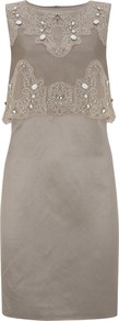 Beaded And Lace Shift Dress, Stone - style: shift; length: mid thigh; neckline: round neck; fit: tailored/fitted; pattern: plain; sleeve style: sleeveless; bust detail: added detail/embellishment at bust; predominant colour: taupe; occasions: evening, occasion; sleeve length: sleeveless; texture group: structured shiny - satin/tafetta/silk etc.; pattern type: fabric; embellishment: beading; fibres: viscose/rayon - mix