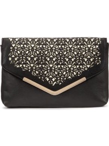 Black Laser Cut Envelop Clutch - secondary colour: ivory; predominant colour: black; occasions: evening, occasion; type of pattern: standard; style: clutch; length: hand carry; size: small; material: leather; pattern: plain; finish: plain