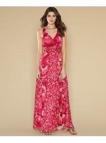Tanzie Print Maxi Dress - neckline: low v-neck; fit: fitted at waist; sleeve style: sleeveless; style: maxi dress; predominant colour: true red; occasions: casual, occasion, holiday; length: floor length; fibres: silk - mix; sleeve length: sleeveless; texture group: sheer fabrics/chiffon/organza etc.; trends: statement prints; pattern type: fabric; pattern size: big & light; pattern: patterned/print