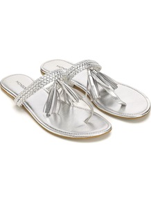 Acapulco Sandal - predominant colour: silver; occasions: casual, evening, holiday; material: leather; heel height: flat; embellishment: tassels; heel: standard; toe: toe thongs; style: flip flops / toe post; trends: metallics; finish: metallic; pattern: plain