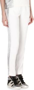 Prestance Trousers - length: standard; pattern: plain; waist detail: belted waist/tie at waist/drawstring; waist: mid/regular rise; predominant colour: white; secondary colour: silver; occasions: casual, evening, holiday; fibres: viscose/rayon - stretch; hip detail: fitted at hip (bottoms); texture group: silky - light; trends: sporty redux, metallics; fit: slim leg; pattern type: fabric; pattern size: big & light; style: standard