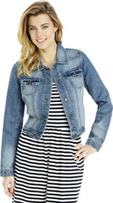 Denim Jacket - pattern: plain; length: below the bottom; style: denim; fit: slim fit; predominant colour: denim; occasions: casual; fibres: cotton - mix; collar: shirt collar/peter pan/zip with opening; sleeve length: long sleeve; sleeve style: standard; texture group: denim; collar break: high; pattern type: fabric