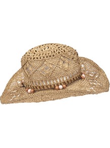 Metallic Straw Cowboy Hat - predominant colour: camel; occasions: casual, holiday; type of pattern: standard; style: cowboy; size: standard; material: macrame/raffia/straw; embellishment: beading; pattern: plain