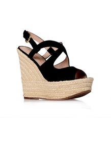 Katy - secondary colour: ivory; predominant colour: black; occasions: casual, holiday; material: fabric; ankle detail: ankle strap; heel: wedge; toe: open toe/peeptoe; style: strappy; finish: plain; pattern: plain; heel height: very high