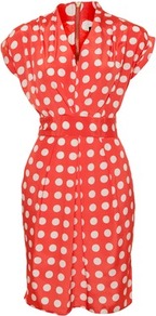 Closet Blu Spot V Pleat Dress - style: shift; neckline: low v-neck; sleeve style: dolman/batwing; fit: fitted at waist; waist detail: fitted waist; pattern: polka dot; bust detail: ruching/gathering/draping/layers/pintuck pleats at bust; secondary colour: white; predominant colour: coral; occasions: casual, holiday; length: just above the knee; fibres: polyester/polyamide - 100%; hip detail: structured pleats at hip; sleeve length: short sleeve; texture group: silky - light; pattern type: fabric; pattern size: standard
