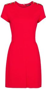 Women's Decorative Buttons Dress, Red - style: shift; length: mid thigh; fit: tailored/fitted; pattern: plain; predominant colour: true red; occasions: evening, occasion; fibres: viscose/rayon - stretch; neckline: crew; shoulder detail: added shoulder detail; sleeve length: short sleeve; sleeve style: standard; pattern type: fabric; texture group: other - light to midweight