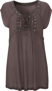 Mocha Beaded Tunic, Brown - pattern: plain; bust detail: added detail/embellishment at bust; length: below the bottom; style: tunic; predominant colour: chocolate brown; occasions: casual; neckline: scoop; fibres: viscose/rayon - 100%; fit: empire; sleeve length: short sleeve; sleeve style: standard; pattern type: fabric; texture group: jersey - stretchy/drapey; embellishment: beading