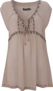 Honey Beaded Tunic, Neutral - neckline: v-neck; pattern: plain; bust detail: added detail/embellishment at bust; length: below the bottom; style: tunic; predominant colour: taupe; occasions: casual; fibres: viscose/rayon - 100%; fit: empire; sleeve length: short sleeve; sleeve style: standard; pattern type: fabric; texture group: jersey - stretchy/drapey; embellishment: beading