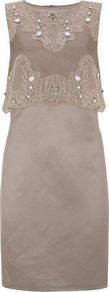 Women's Stone Bead & Lace Shift Dress, Stone - style: shift; length: mid thigh; neckline: round neck; fit: tailored/fitted; pattern: plain; sleeve style: sleeveless; bust detail: added detail/embellishment at bust; waist detail: fitted waist; hip detail: fitted at hip; shoulder detail: contrast pattern/fabric at shoulder; predominant colour: taupe; occasions: evening, occasion; sleeve length: sleeveless; texture group: structured shiny - satin/tafetta/silk etc.; pattern type: fabric; embellishment: jewels; fibres: viscose/rayon - mix