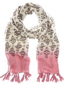 Tilly Print Scarf, Multi Coloured - predominant colour: stone; occasions: casual, work; type of pattern: standard; style: regular; size: standard; material: fabric; embellishment: tassels; pattern: patterned/print; secondary colour: dusky pink