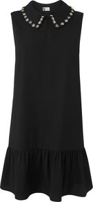 Women's Jewel Collar Dress, Black - length: mid thigh; neckline: shirt collar/peter pan/zip with opening; fit: loose; pattern: plain; sleeve style: sleeveless; style: drop waist; waist detail: drop waist; predominant colour: black; occasions: evening, work; fibres: polyester/polyamide - 100%; hip detail: soft pleats at hip/draping at hip/flared at hip; sleeve length: sleeveless; texture group: crepes; pattern type: fabric; embellishment: jewels