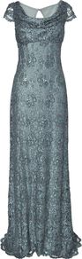Women's Pippa Embellished Full Length Dress, Smoke - style: ballgown; neckline: cowl/draped neck; pattern: plain; waist detail: fitted waist; bust detail: ruching/gathering/draping/layers/pintuck pleats at bust; predominant colour: pale blue; occasions: evening, occasion; length: floor length; fit: body skimming; fibres: nylon - mix; sleeve length: short sleeve; sleeve style: standard; texture group: lace; pattern type: fabric; embellishment: sequins