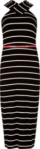 Women's Canna Cross Over Neck Dress, Black - style: shift; length: below the knee; neckline: v-neck; pattern: horizontal stripes; sleeve style: sleeveless; waist detail: belted waist/tie at waist/drawstring; secondary colour: white; predominant colour: black; occasions: casual, evening; fit: body skimming; fibres: viscose/rayon - stretch; back detail: crossover; sleeve length: sleeveless; pattern type: fabric; pattern size: standard; texture group: jersey - stretchy/drapey