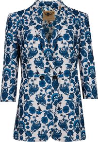 Women's Oram Paisley Printed Blazer, Dark Blue - style: double breasted blazer; length: below the bottom; pattern: paisley; collar: standard lapel/rever collar; secondary colour: white; predominant colour: royal blue; occasions: casual, occasion; fit: tailored/fitted; fibres: polyester/polyamide - 100%; sleeve length: 3/4 length; sleeve style: standard; trends: statement prints; collar break: medium; pattern type: fabric; pattern size: standard; texture group: woven light midweight
