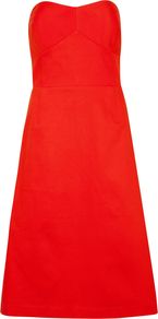 Women's Alodia Strapless Midi Dress, Dark Orange - length: below the knee; neckline: strapless (straight/sweetheart); pattern: plain; sleeve style: strapless; style: sundress; waist detail: fitted waist; predominant colour: bright orange; occasions: evening, occasion, holiday; fit: fitted at waist & bust; fibres: cotton - stretch; sleeve length: sleeveless; pattern type: fabric; texture group: other - light to midweight