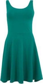 Jade Sleeveless Skater Dress - length: mid thigh; neckline: round neck; pattern: plain; sleeve style: sleeveless; waist detail: fitted waist; back detail: low cut/open back; predominant colour: emerald green; occasions: casual; fit: fitted at waist & bust; style: fit & flare; fibres: cotton - stretch; hip detail: soft pleats at hip/draping at hip/flared at hip; sleeve length: sleeveless; pattern type: fabric; texture group: jersey - stretchy/drapey